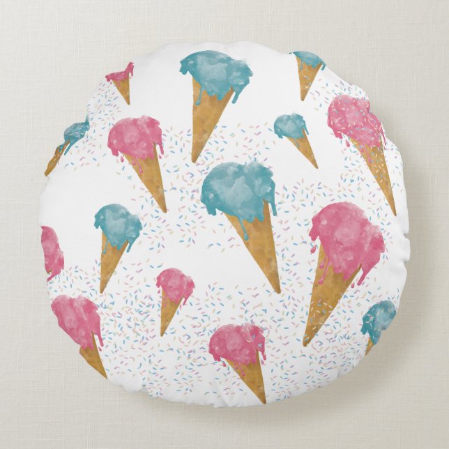 Pastel Retro Watercolor Ice Cream & Sprinkles Round Cushion (Front)