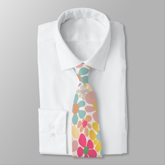 Pastel Retro Wavy Flowers Tie (Tied)
