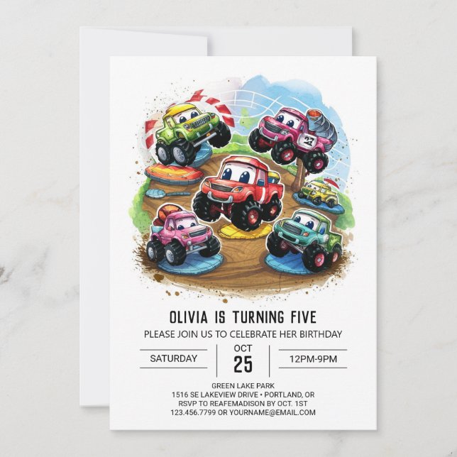 Pastel Road Monster Truck Birthday Invitation (Front)