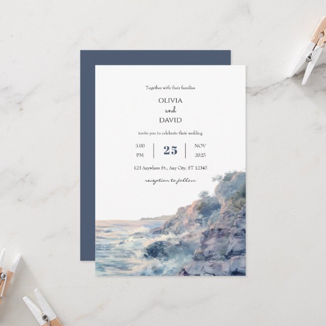  Pastel Rocky Shoreline Sunrise Art Beach Wedding  Invitation (Front/Back In Situ)