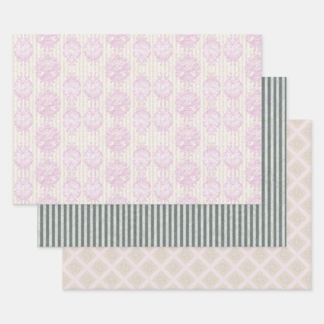 Pastel Rococo Damask Stripe Wrapping Paper Sheets (Set)