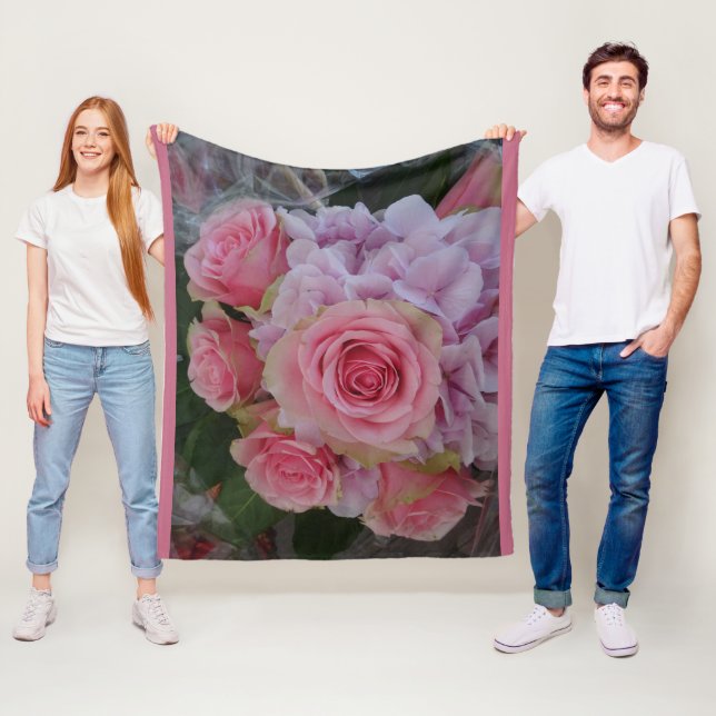 Pastel Rose and Hydrangea Flowers Fleece Blanket (In Situ)