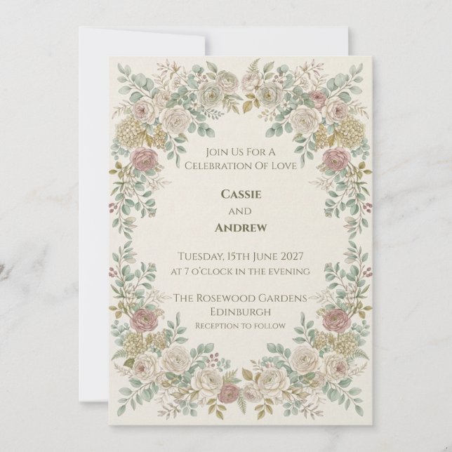 Pastel Rose Botanical Wedding Invitation (Front)