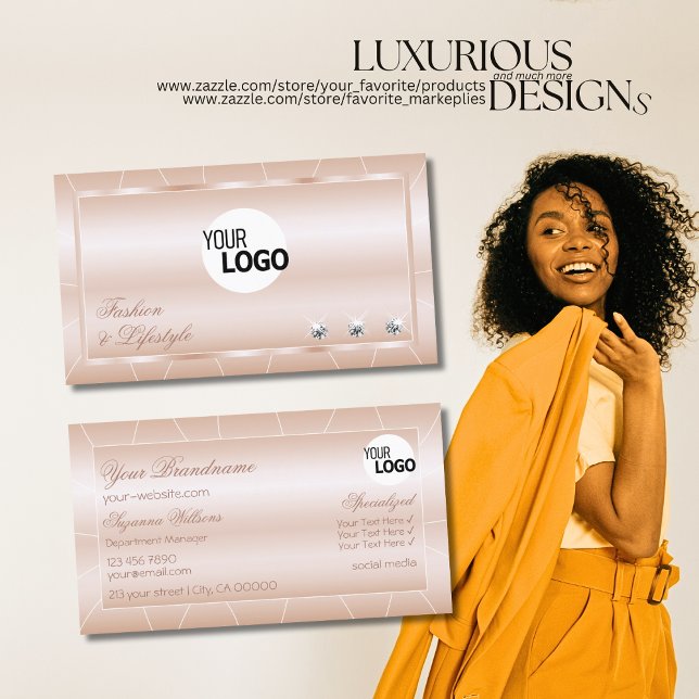 Pastel Rose Coral with Diamonds and Logo Luxurious Business Card (Creator Uploaded)