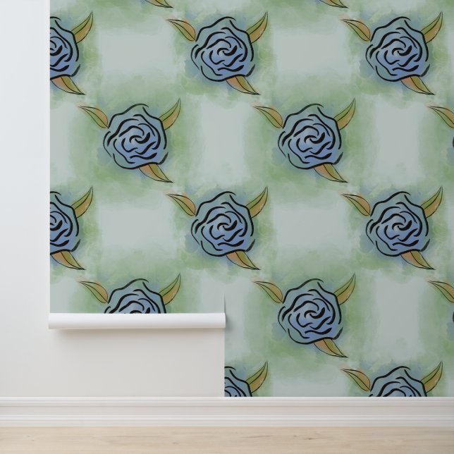 Pastel Rose Floral Block Prints - Blue and Yellow Wallpaper (Application)