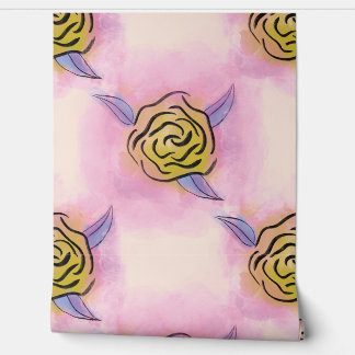Pastel Rose Floral Block Prints - Golden yellow an Wallpaper