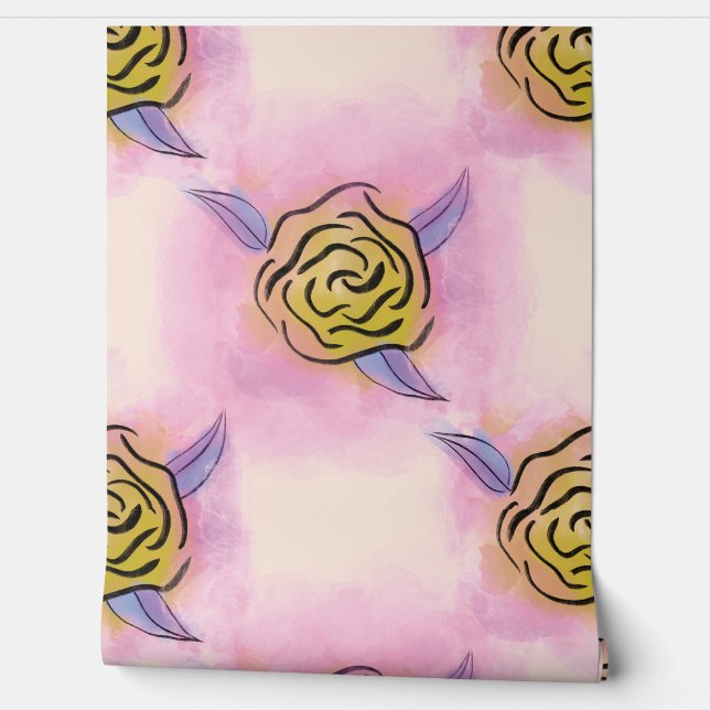 Pastel Rose Floral Block Prints - Golden yellow an Wallpaper (Unrolling)