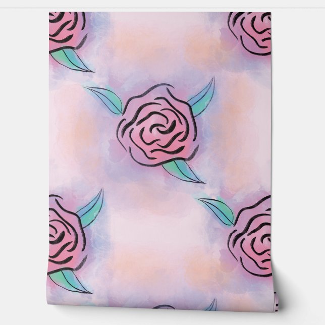 Pastel Rose Floral Block Prints - Pink and Teal Wallpaper (Unrolling)
