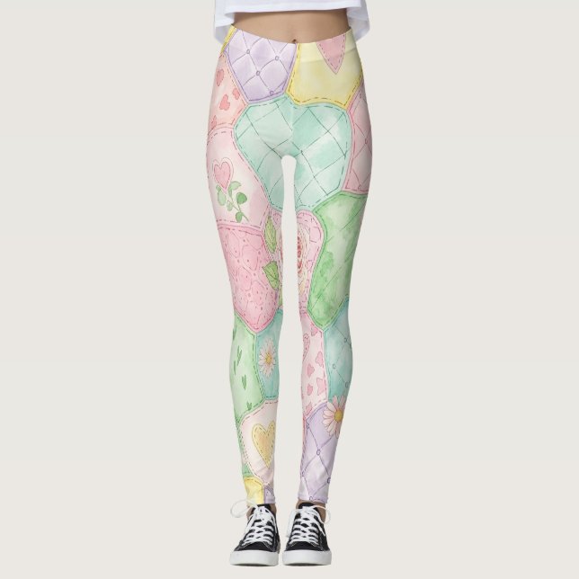 Pastel Rose Garden Pattern Leggings (Front)
