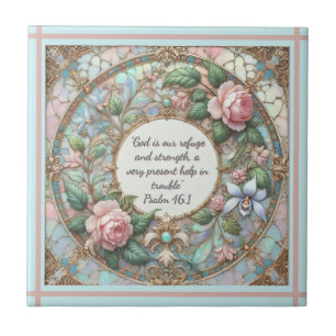 Pastel Rose Garden Rose Lined Frame Lt Blue Back Tile