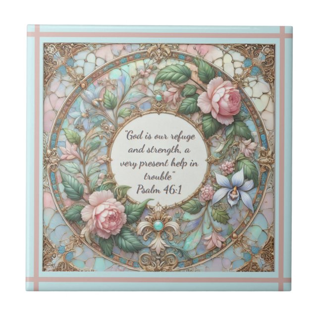 Pastel Rose Garden  Rose Lined Frame Lt Blue Back Tile (Front)