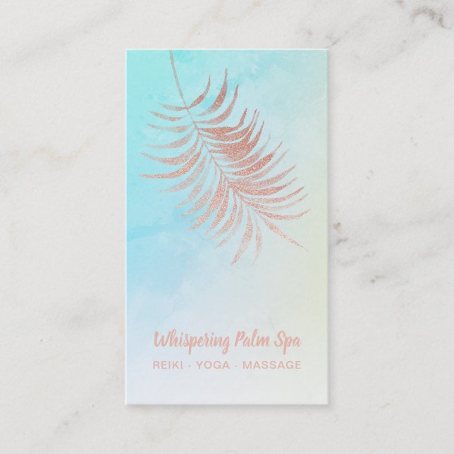*~* Pastel Rose Gold Palm Leaf Turquoise Ombre Business Card (Front)
