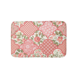 Pastel Roses Floral Patchwork Pattern Bath Mat