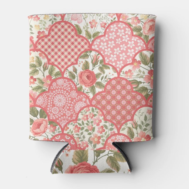 Pastel Roses Floral Patchwork Pattern Can Cooler (Front)