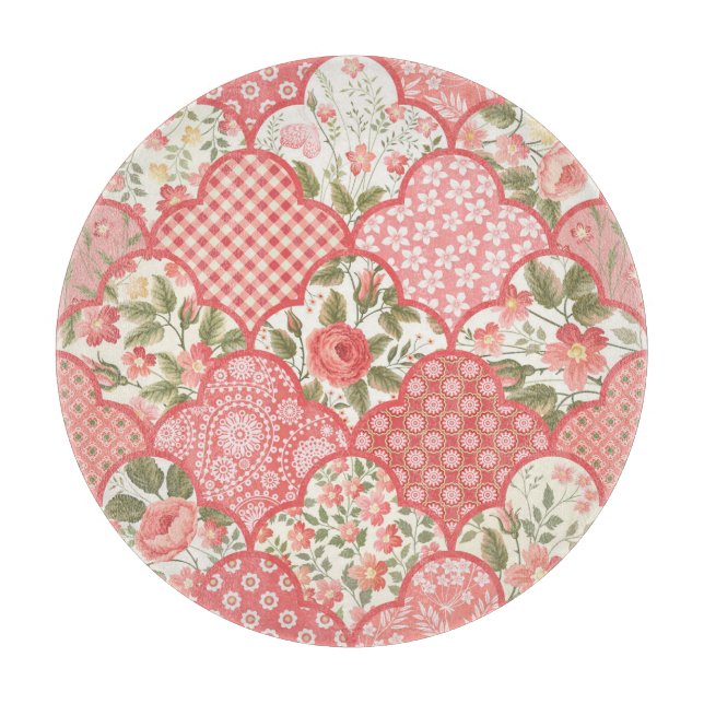 Pastel Roses Floral Patchwork Pattern Cutting Board (Front)