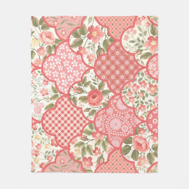 Pastel Roses Floral Patchwork Pattern Fleece Blanket (Front)