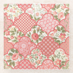 Pastel Roses Floral Patchwork Pattern Glass Coaster