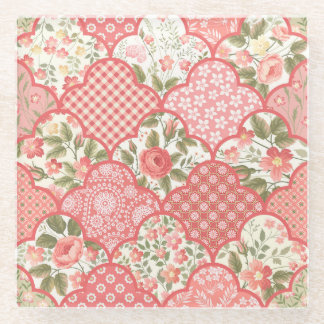Pastel Roses Floral Patchwork Pattern Glass Coaster