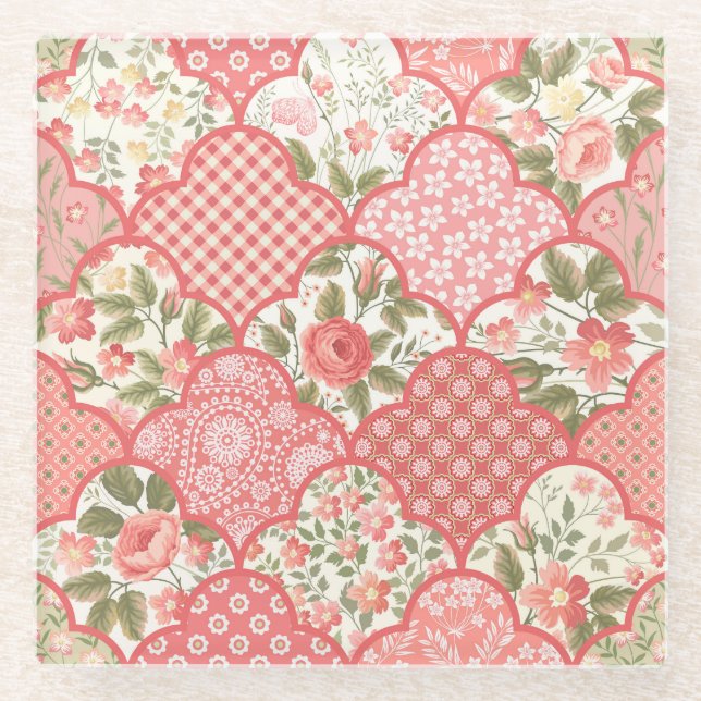 Pastel Roses Floral Patchwork Pattern Glass Coaster (Front)