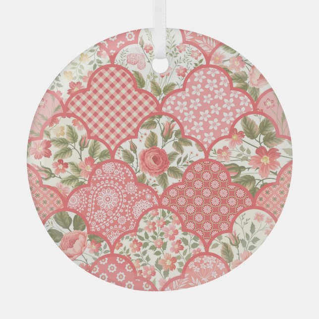Pastel Roses Floral Patchwork Pattern Glass Tree Decoration (Front)