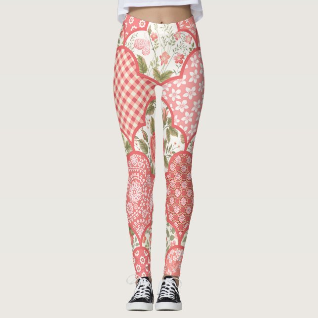 Pastel Roses Floral Patchwork Pattern Leggings (Front)