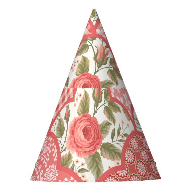 Pastel Roses Floral Patchwork Pattern Party Hat (Front)