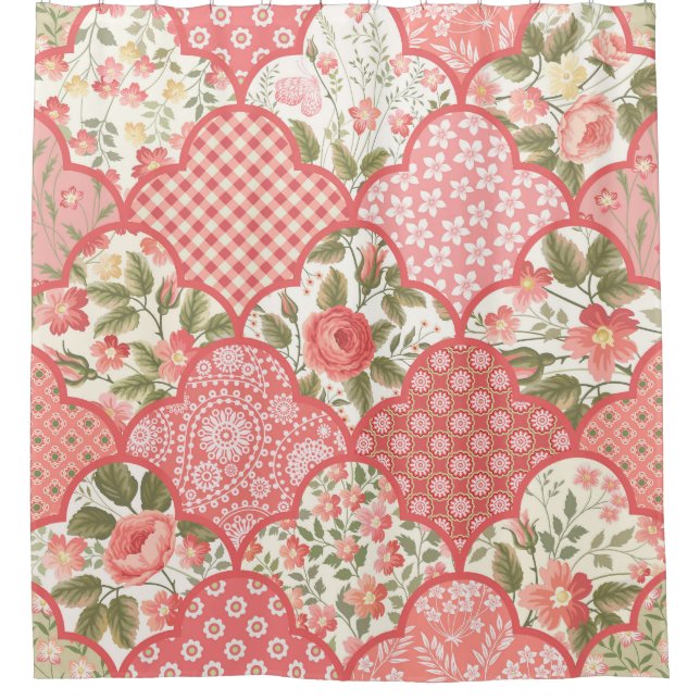 Pastel Roses Floral Patchwork Pattern Shower Curtain (Front)