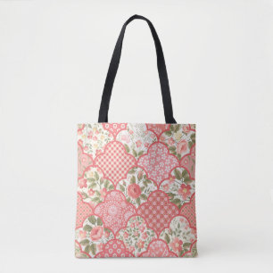 Pastel Roses Floral Patchwork Pattern Tote Bag