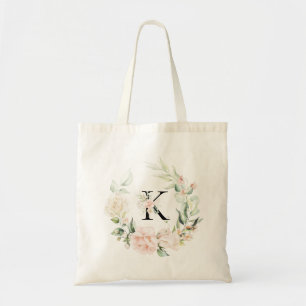 Pastel roses wreath custom floral monogram tote bag