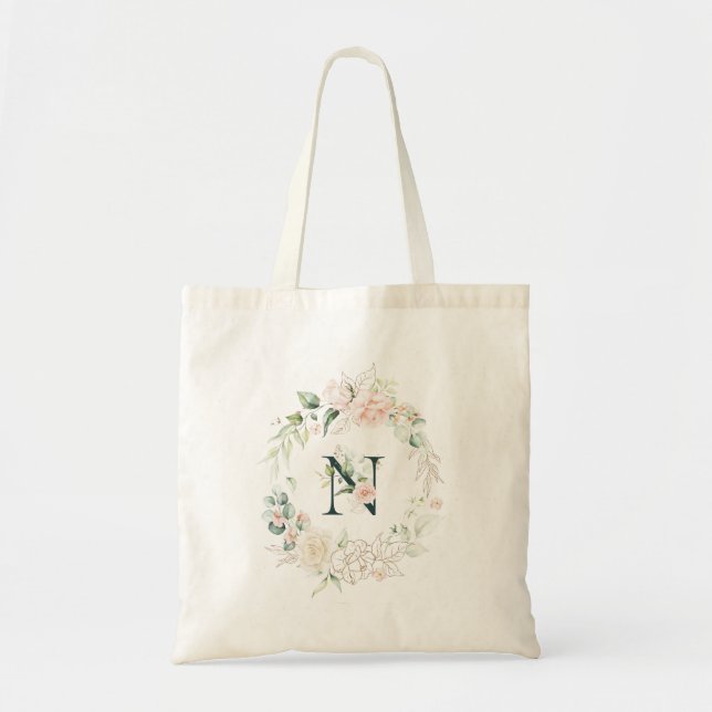 Pastel roses wreath floral monogram letter N Tote Bag (Front)
