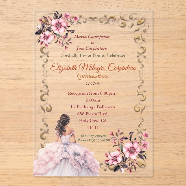 Pastel Rosewater Blush Pink Quinceañera Acrylic Invitations (Front)