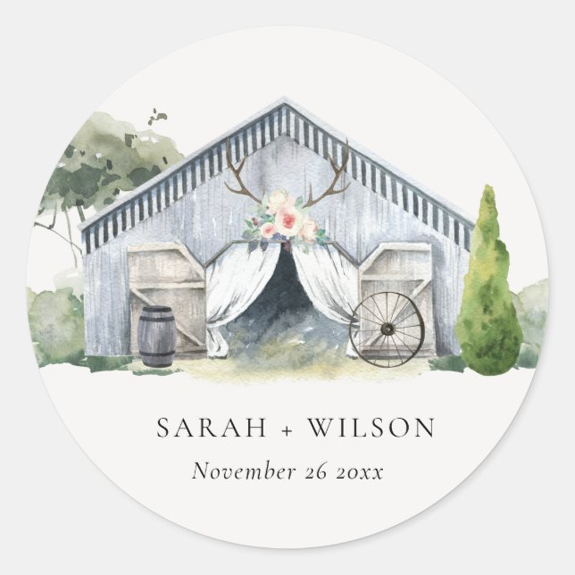 Pastel Rustic Dusky Barnyard Farm Theme Wedding Classic Round Sticker (Front)