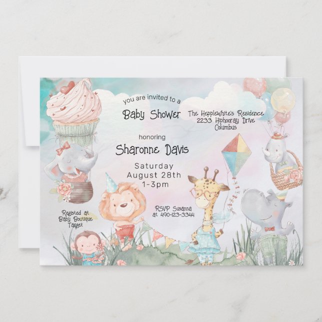 Pastel Safari Animals Personalised Baby Shower Invitation (Front)
