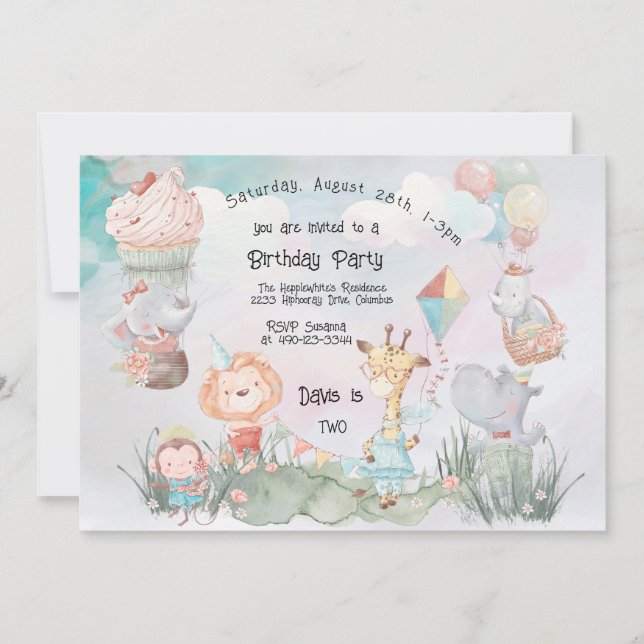 Pastel Safari Animals Personalised Birthday Party Invitation (Front)