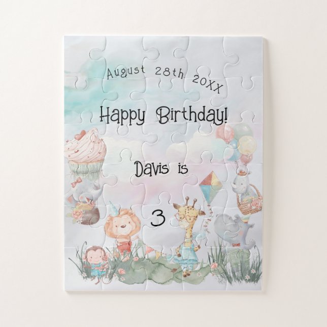 Pastel Safari Animals Personalised Birthday Party Jigsaw Puzzle (Vertical)
