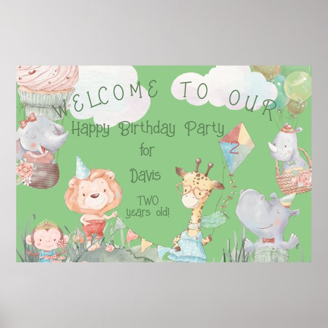 Pastel Safari Animals Personalized Birthday Party  Poster (Front)