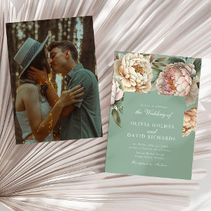 Pastel Sage & Blush Peony Couple Photo Wedding Invitation