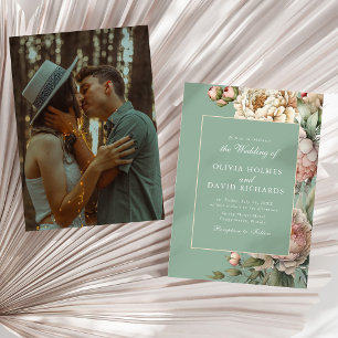 Pastel Sage & Blush Peony Custom Photo Wedding  Invitation