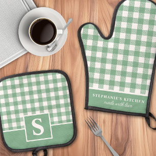 Pastel Sage Gingham Plaid Chequered Monogrammed Oven Mitt & Pot Holder Set