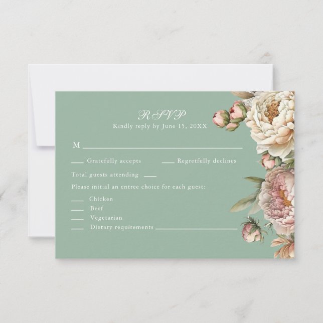 Pastel Sage Green and Blush Pink Peonies RSVP Card (Front)