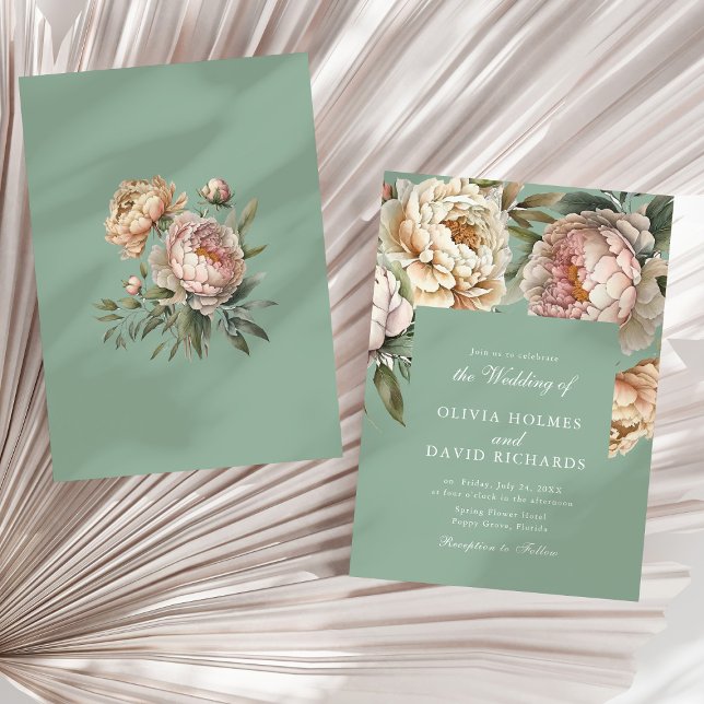 Pastel Sage Green and Blush Pink Peony Wedding Invitation (Pastel Sage Green and Blush Pink Peony Wedding Invitation on a sunny neutral dry palm leaf.)