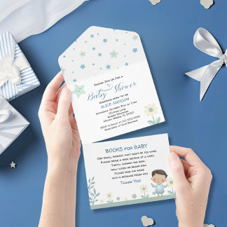 Pastel Sage Green Cute Boy with Stars& Flowers All In One Invitation