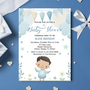 Pastel Sage Green Cute Boy with Stars& Flowers  Invitation