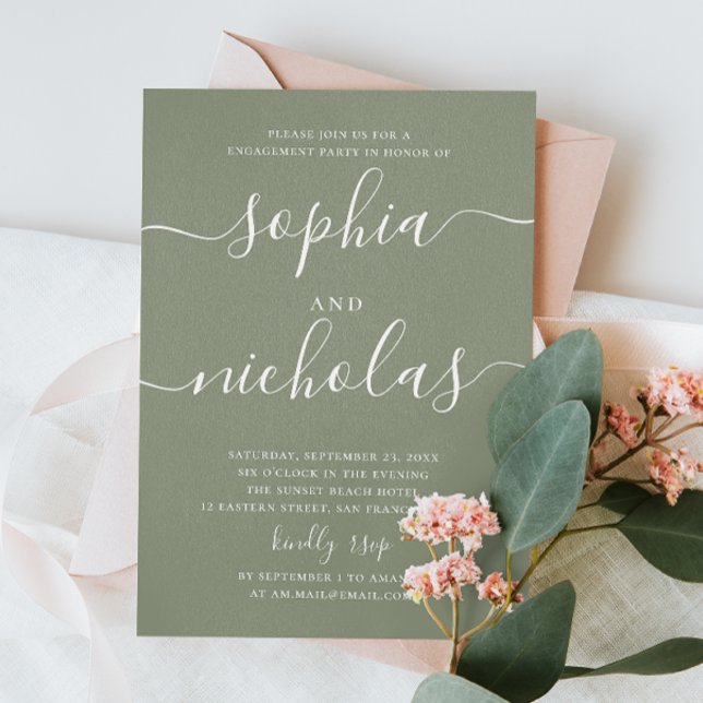 Pastel sage green simple script engagement party invitation (Creator Uploaded)