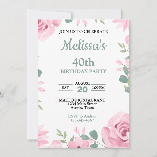 Pastel Sage Green with Pink Roses Birthday Party Invitation (Front)