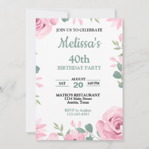 Pastel Sage Green with Pink Roses Birthday Party Invitation