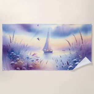 Pastel Sailboat Coastal Dreamscape Beach Towel