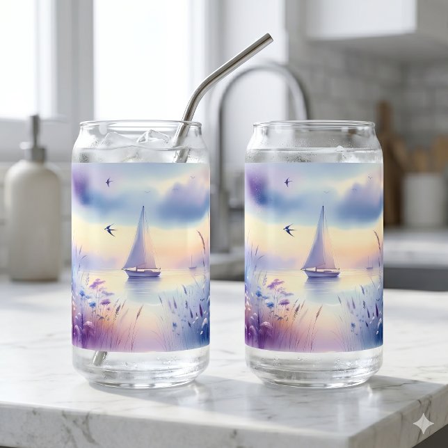Pastel Sailboat Coastal Dreamscape Can Glass (Pastel Sailboat Coastal Dreamscape Can Glass)