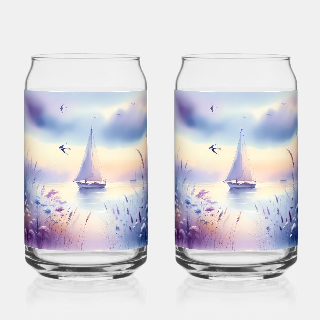 Pastel Sailboat Coastal Dreamscape Can Glass (Front)