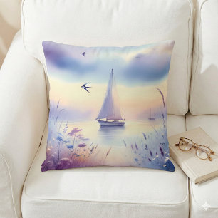 Pastel Sailboat Coastal Dreamscape Cushion